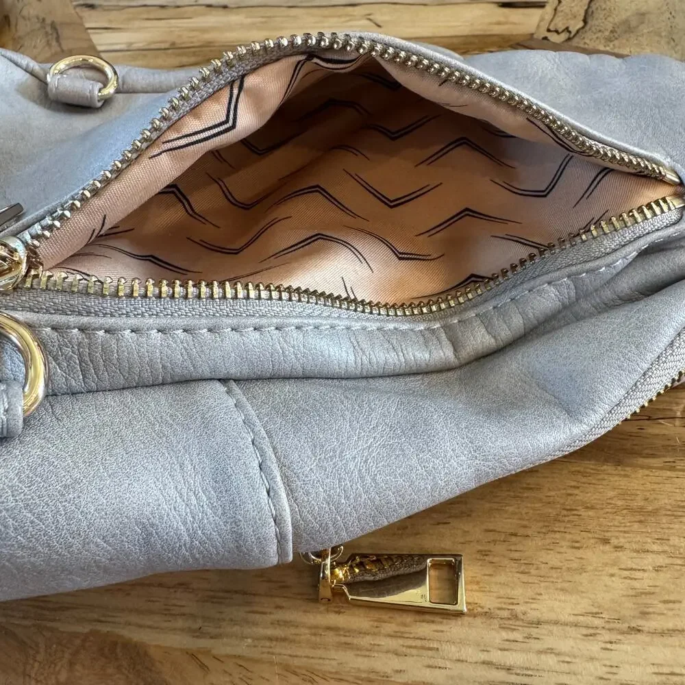 Moda Luxe Regina Vegan Leather Sling Backpack Gray Silver Boho Guitar Strap 888